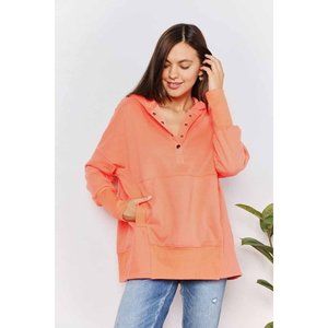 Quarter-Snap Dropped Shoulder Hoodie Solid Casual Relaxed Long Sleeves Tangerine